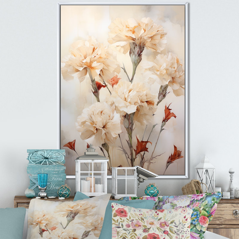 Minimalisme, œillets, bouquet I sur toile, Cadre flottant blanc, H 20 po x l 12 po x P 1 po