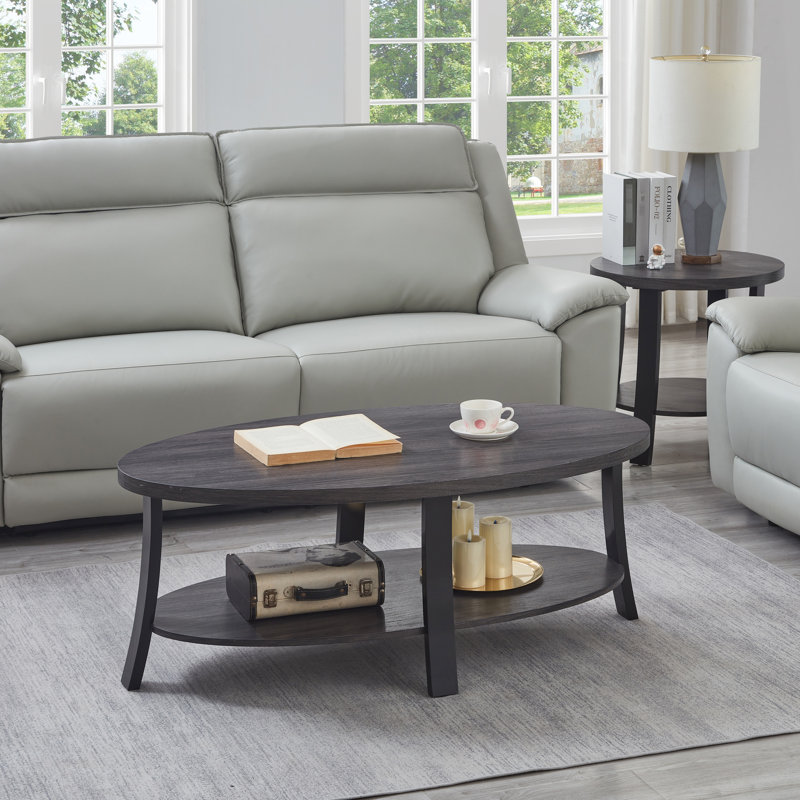 Table basse et tables de bout ovales en bois à la mode avec 3 tablettes, ton gris anthracite, espace de vie principal élégant avec finition, pièce gracieuse