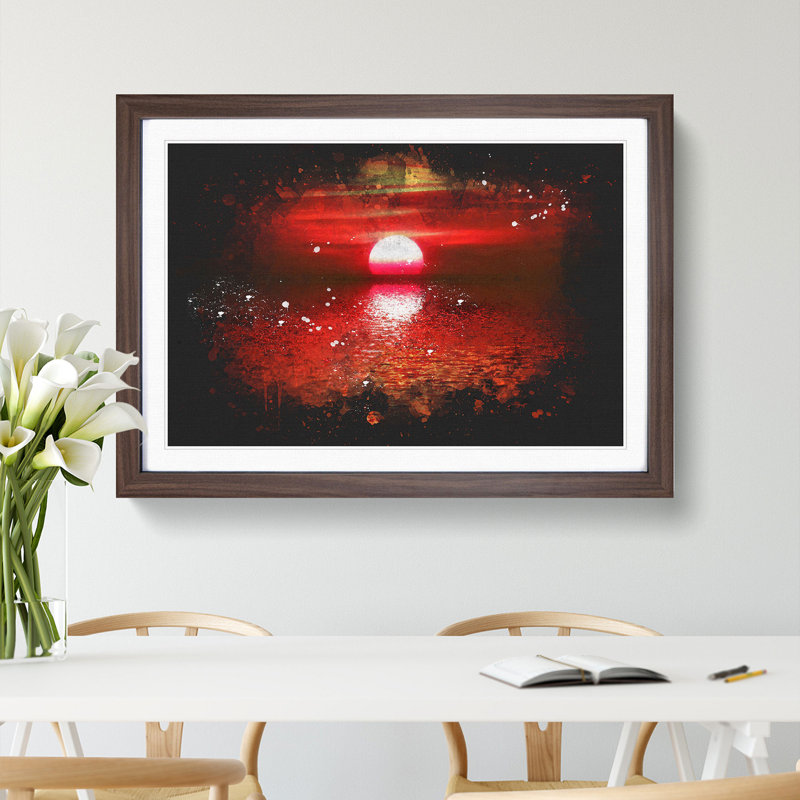 Red And Orange Sunset Above The Sea - Single Picture Frame Print on MDF, Walnut Framed, 33cm H x 45cm W x 2cm D
