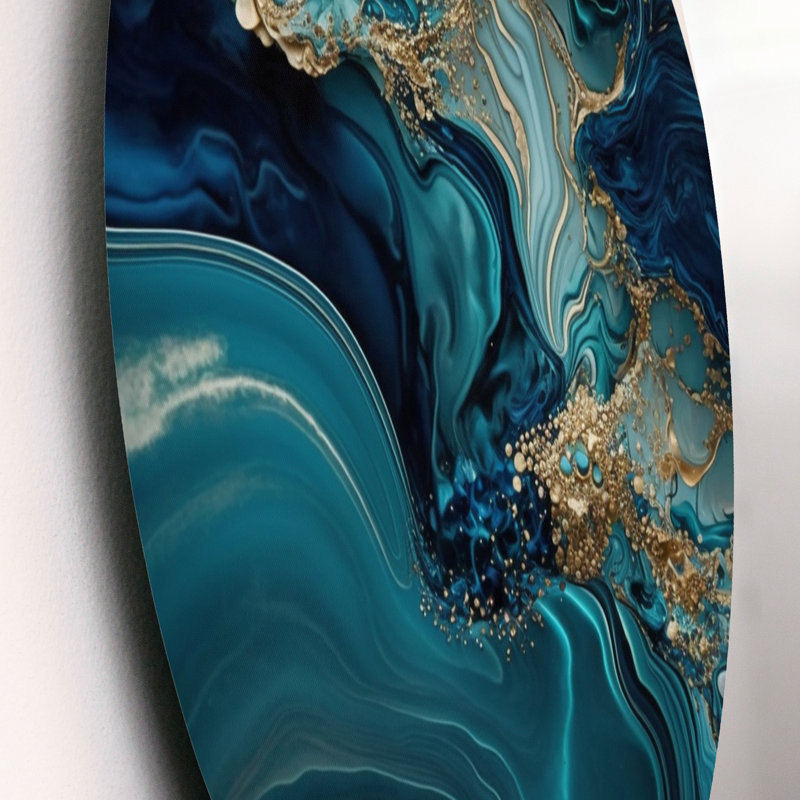 «Abstract Geode Turquoise I», art mural rond en marbre abstrait sur métal, L 29 po x H 29 po