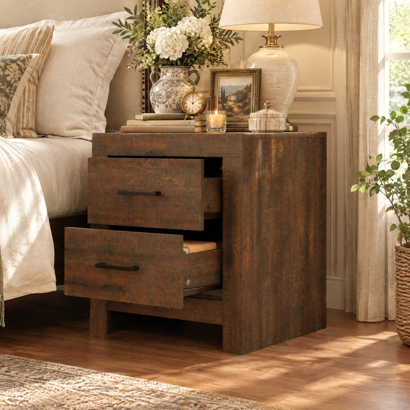 17.7" W Rustic 2-Drawer Nightstand with Wood-Grain Finish, Brown
