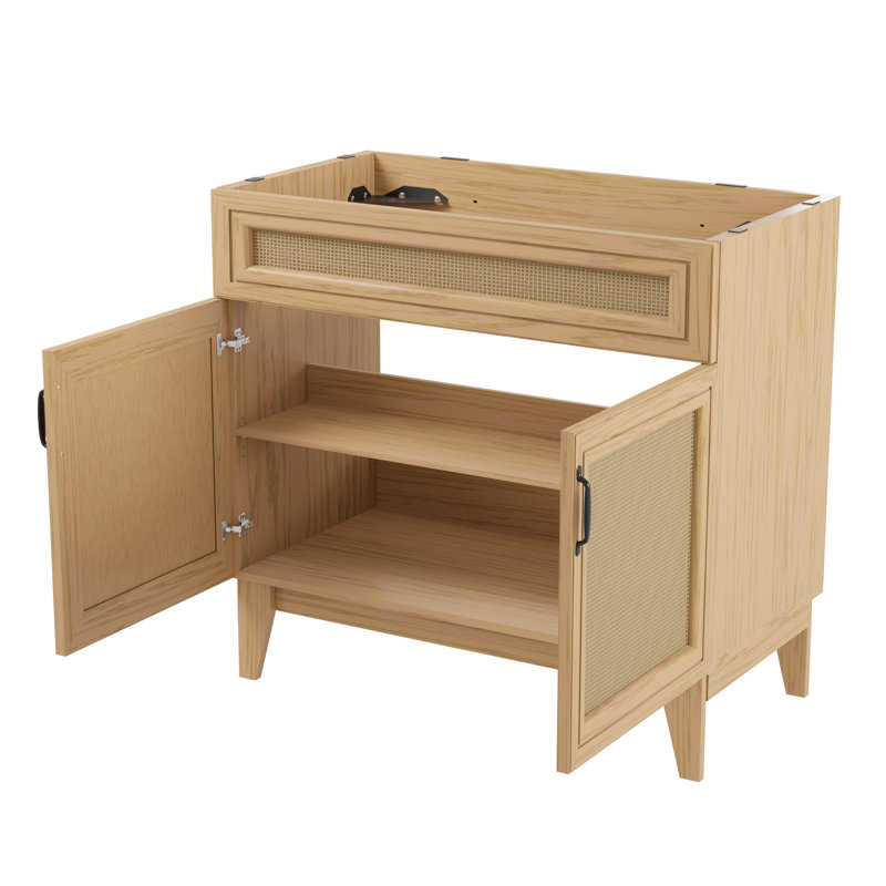 Base de meuble-lavabo autoportant en rotin de style bohémien à 2 tablettes Javer l 36 po x P 18 po x H 33 po (lavabo non inclus), chêne