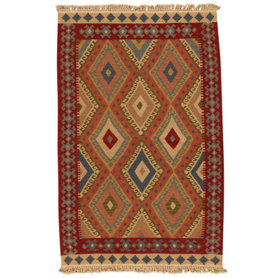 Hand Knotted Wool Area Rug in Multi And Red