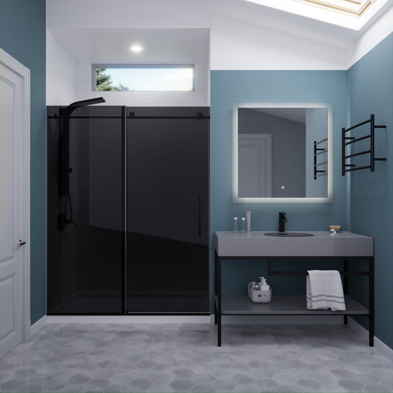 60'' - W x 76'' H Single Added Door Frameless Shower Door with, Matte Black