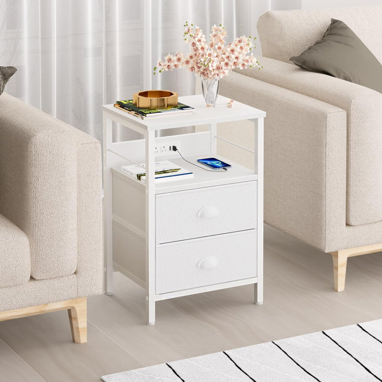 End Table With Charging Station, Nightstand With Fabric Drawers, Side Tables With USB Ports & Outlets, Night Stand With Storage Shelf & Hooks, For Living Room/Bedroom, White