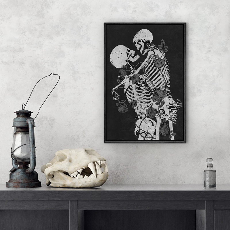 «Skeleton Kiss», gothique Moody foncé, œuvre d'art moderne, décor, Cadre flottant noir, H 24 po x l 16 po