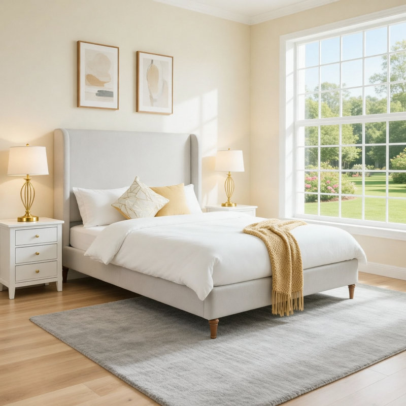 Lit plateforme tapissier de grande taille avec tête de lit grand, conceptions minimalistes en chenille de qualité supérieure, lit plateforme de style simple rétro sans sommier, assemblage facile, ivoire