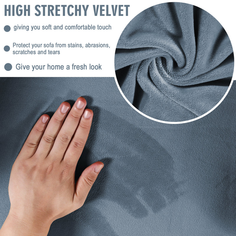 Gray Blue Velvet Plush 3-Seater Sofa Cover with Separate Cushion Covers