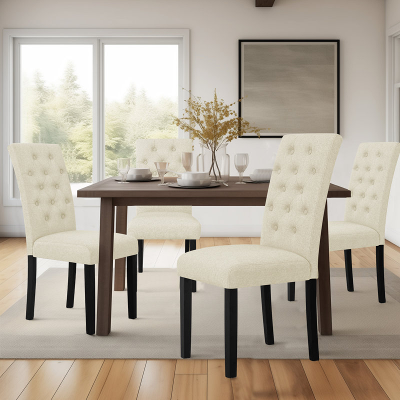 Tufted  Fabric Upholstered Parsons Dining Chairs, Ivory, 2