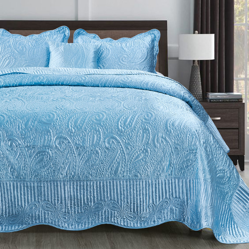 4 Piece Quilted Satin Bedspread Set, King Quilt + 2 King Shams + Throw Pillow, Aquatic