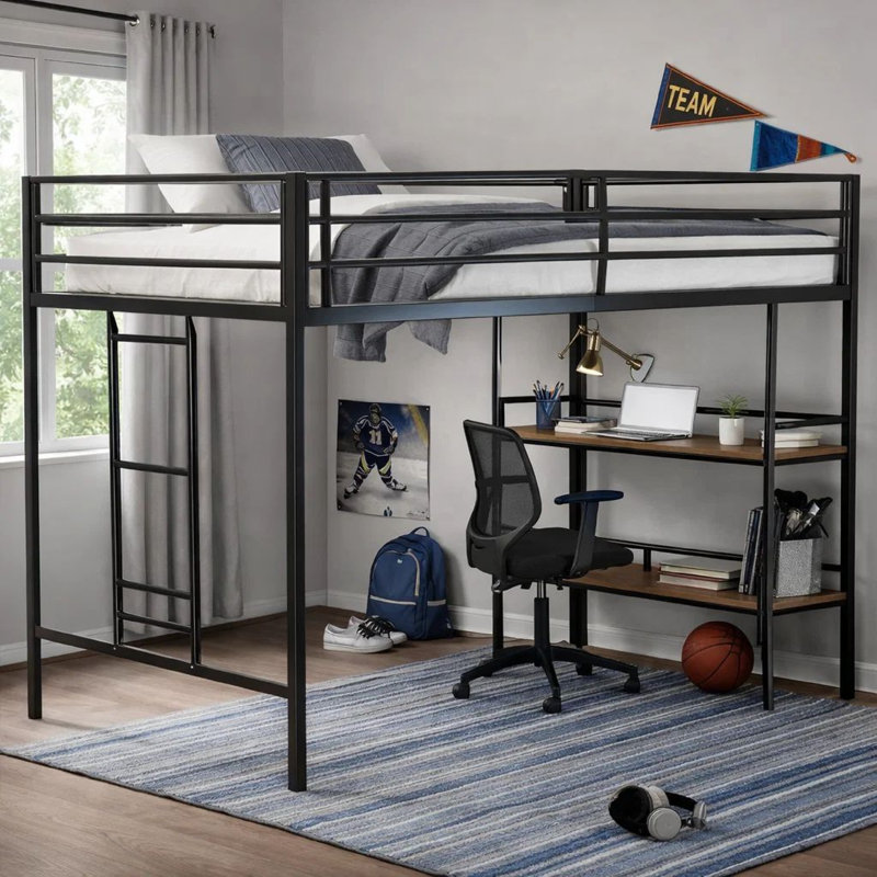 Ady Twin Size Loft Bed With Ladder And 2 Wood Shelves, Black Metal Frame