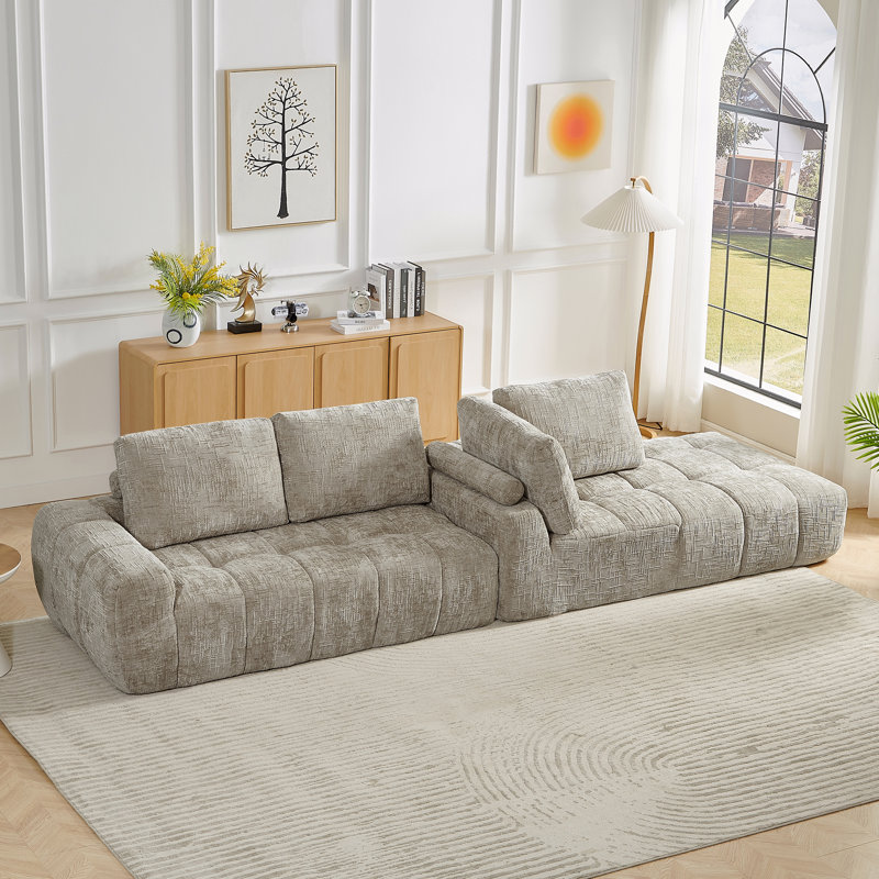 Canapé modulaire surdimensionné en L Chenille, design minimaliste, canapé-lit confortable, Orienté à droite, Lin kaki