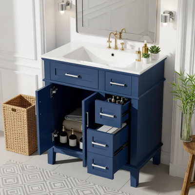 Meuble-lavabo de 30 po avec lavabo en céramique, armoire de rangement moderne avec portes à fermeture douce, tiroir profond et tiroir standard, meuble-lavabo élégant pour les petites salles de bain