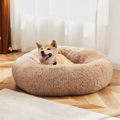 Lit apaisant pour chien de taille moyenne à grande, lit rond en fausse fourrure lavable et antidérapant
