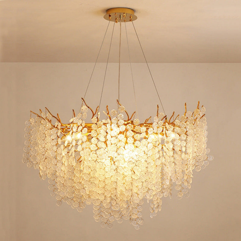  Lustre suspendu à branches dorées de luxe avec abat-jour en verre ambre Bloom | Forme ronde ou elliptique