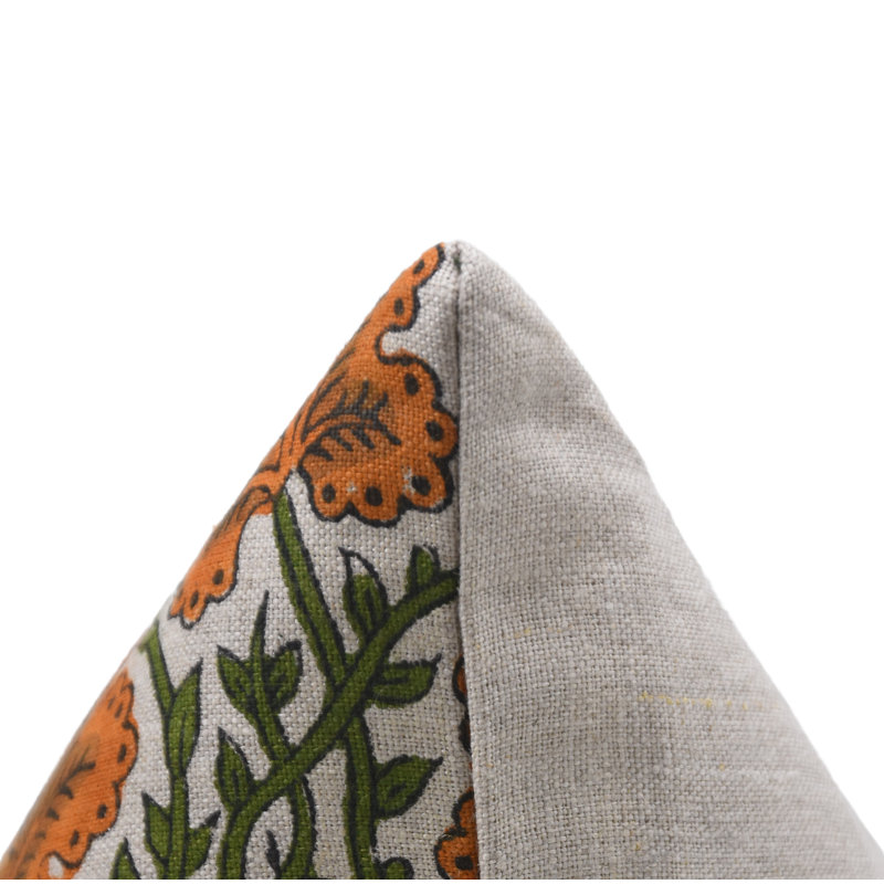 Block Print Pure Linen Throw Pillow Covers, Artisan Handmade Cushion 14X20 Inche Pushap Samita, Orange, 20"H x 14"W