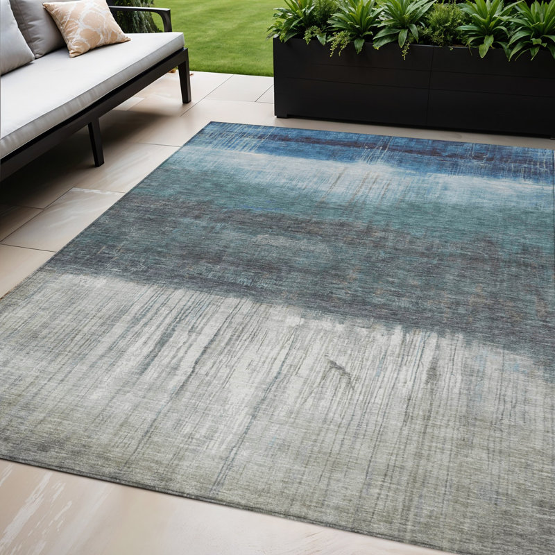 Tapis d'extérieur lavable abstrait bleu et gris 5 pi x 8 pi