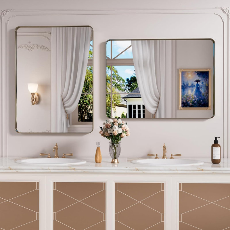 Miroir de salle de bain bronze 22 x 30 pouces, miroir en métal brossé pour cadre de salle de bain, miroir de salle de bain rectangulaire arrondi avec verre trempé, antirouille, horizontal / vertical