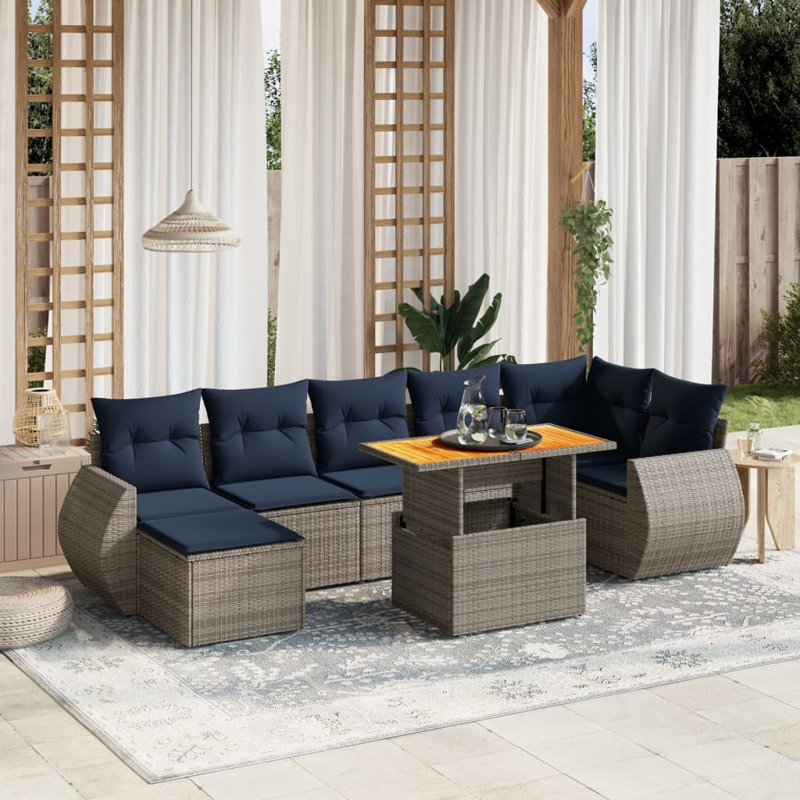  8 Piece Patio Sofa Set With Cushions Poly Rattan, Blue, Gray