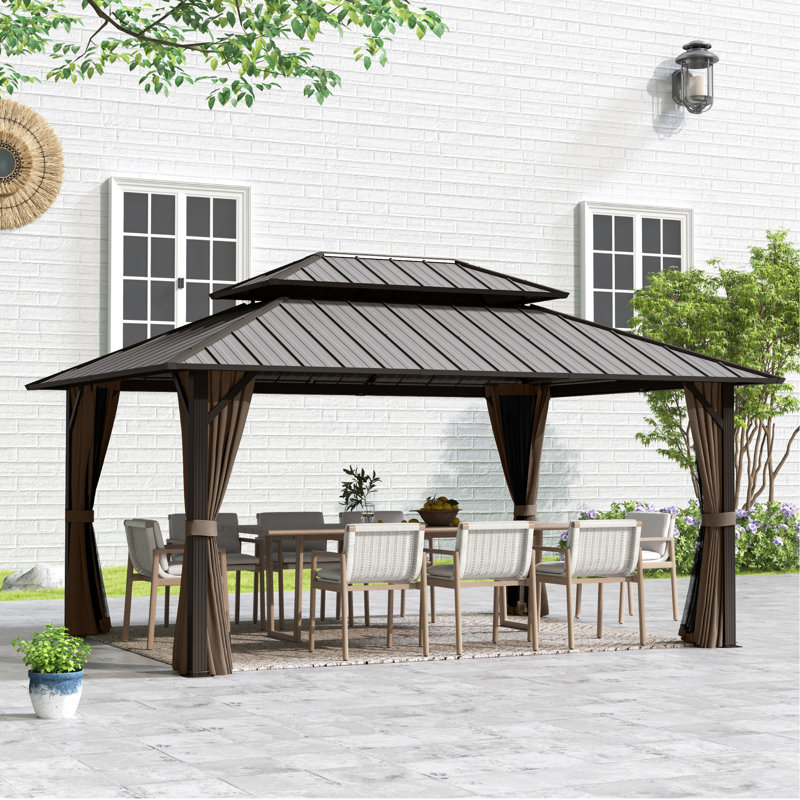 Double Roof Hardtop Metal Patio Gazebo with Curtains and Netting, Brown, Brown, 77.2"H x 168"W x 122.4"D