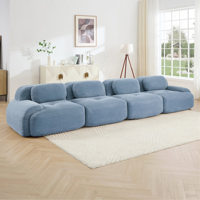Canapé 4 places en velours côtelé doux 32D éponge haute résilience ergonomique pour animaux de compagnie à compression complète sans emballage combiné sans assemblage pour les études de chambre à coucher, bleu