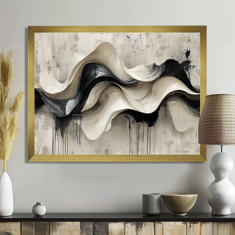 Art mural mural "Vagues modernes abstraites", Cadre simple, H 16 po x l 32 po, Doré