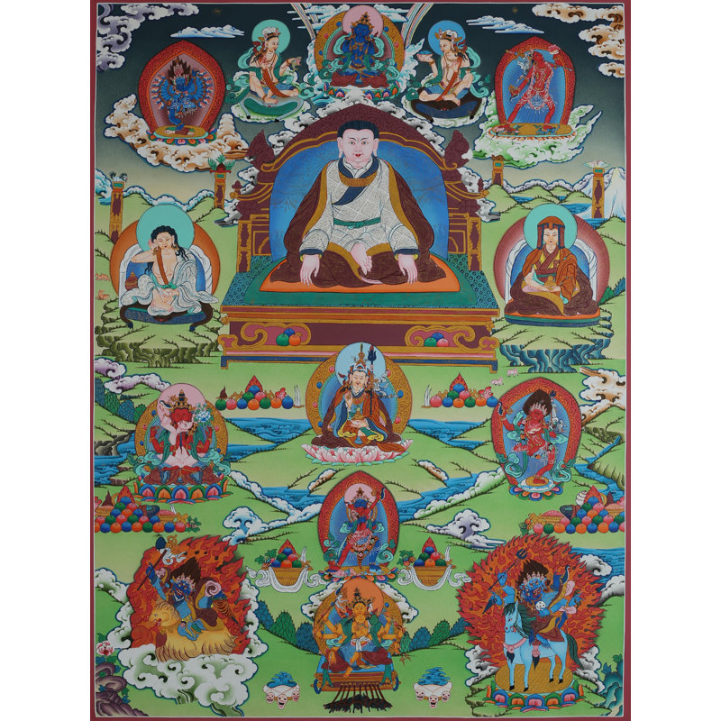 Marpa Lotsawa Brocadeless Thangka, toile peinte à la main avec de l'or pur 24 carats, gourou bouddhiste tibétain pour salles de méditation et décor spirituel
