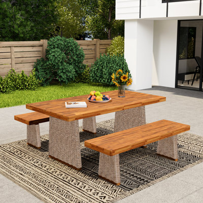3 pièces de salle à manger d'extérieur en bois brun avec pieds tissés à la main -, plateau de table à lattes, adaptable aux intempéries: bois franc dense, design élégant, fabrication