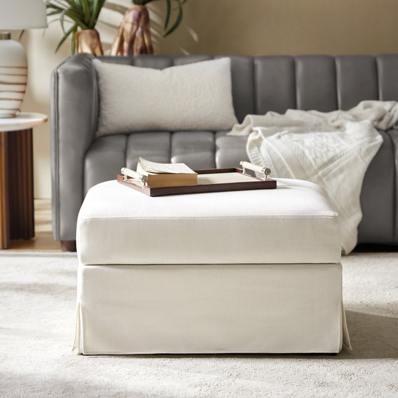 Lessman Farmhouse 30'' W Upholstered Slipcover Ottoman with Storage and Flip-Top Tray, Ivory Polyester Blend
