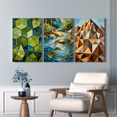 «Geometric Forest Stream», ensemble de 3 reproductions d'art sur toile tendues sur toile