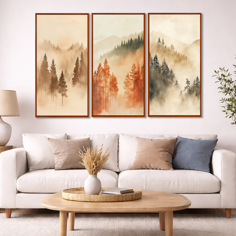«Sand Forest Veil - Cream Forest», ensemble de 3 reproductions sur toiles encadrées, 32" H x 48" W, Brown Floater Framed