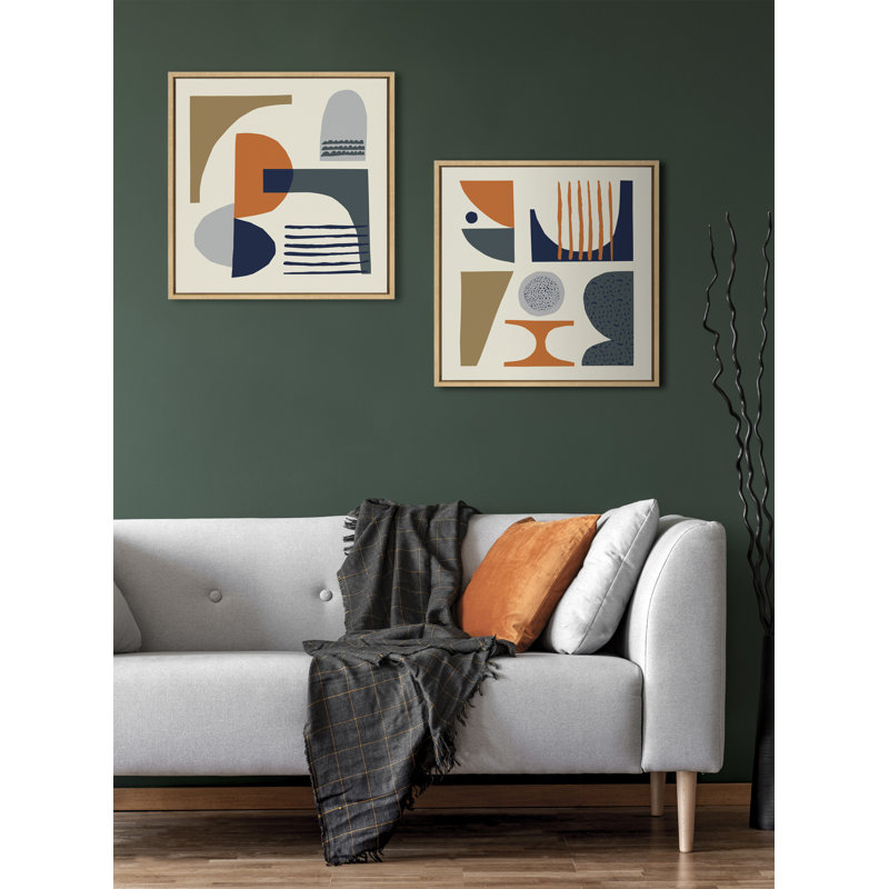 «Abstract Mid Century» par Rachel Lee, 3 oiseaux, reproduction d'art sur toile encadrée, Encadré naturel, 22" x 22"