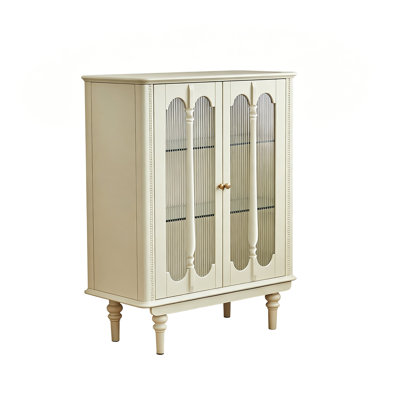 35.43" Vintage Cream Style Freestanding Wine Cabinet, Double Glass Door Wall Display Cabinet, Tiered Storage Side Accent Cabinet