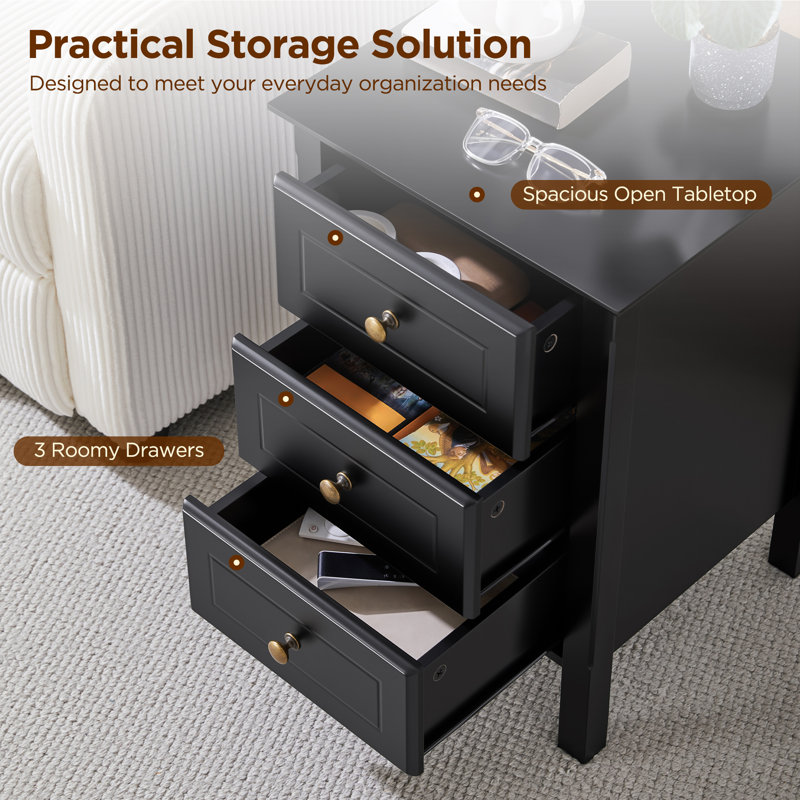 Modern 3 Drawer Bedside Table Nightstand, Black, 1pcs