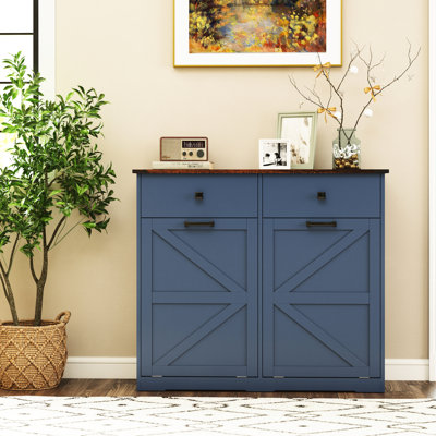 20 Gallon Double Tilt Out Blue Recycling Cabinet, Hidden Design To Block Pet Access, With Waterproof Tabletop And Metal Hinges Trash Cabinet For Cans, Space Design, Barn Door Style, 2 Additional