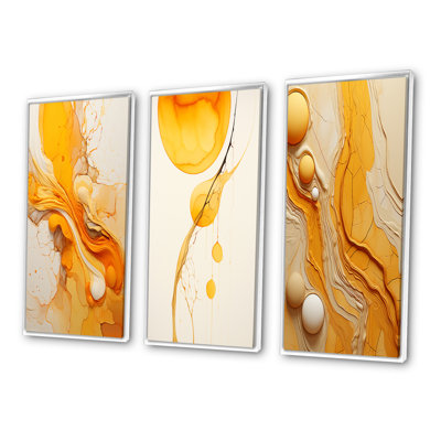 Undefined Continuation Liquid Waves Yellow - Abstract Shapes Art Set Of 3 Pieces