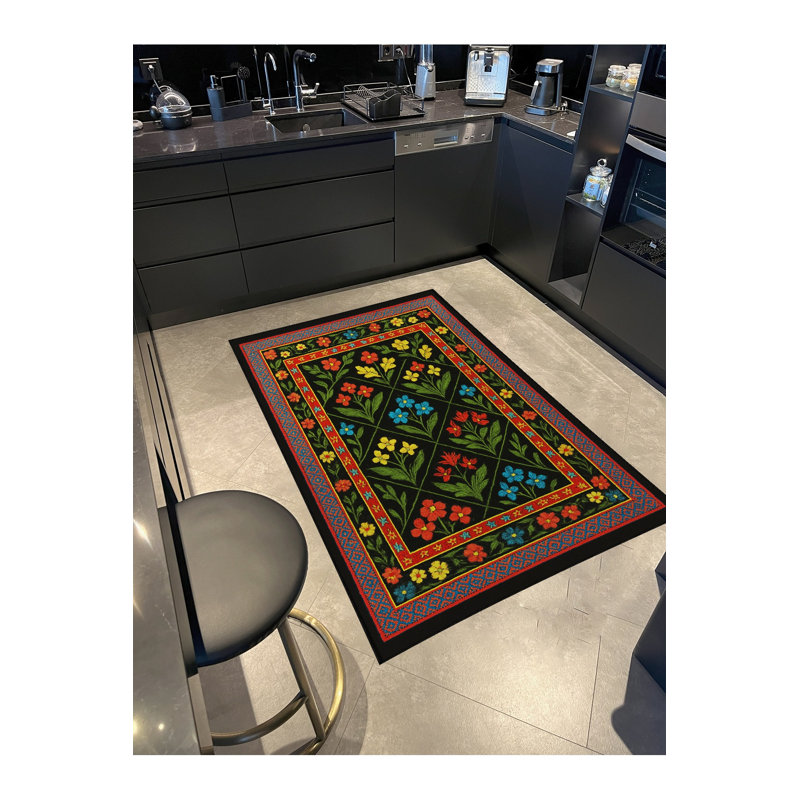 Tapis noir tissé à motif décoratif lavable Mosso, 4'11" x 7'7"