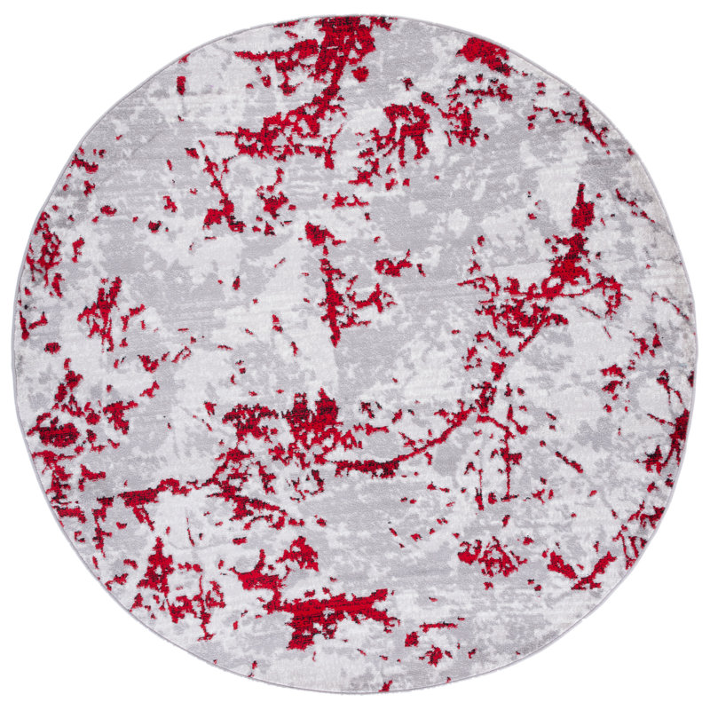 Tapis gris / rouge à motif abstrait, Rond 6 pi 7 po