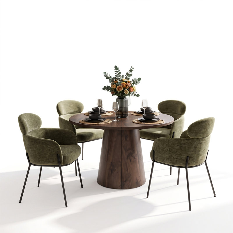 Ensemble de table de salle à manger extensible ronde à ovale avec fauteuils rembourrés, 5 Pieces: Table, 4 Chairs, Vert