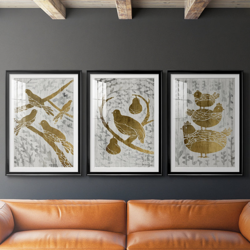 Quatre oiseaux chanteurs - feuille d'or - impression encadrée sur mesure de qualité supérieure - 3 pièces, Noir