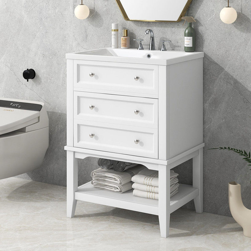 Meuble-lavabo 24 po avec lavabo, meuble de rangement pour salle de bain avec tiroir et tablette ouverte, structure en bois massif, blanc