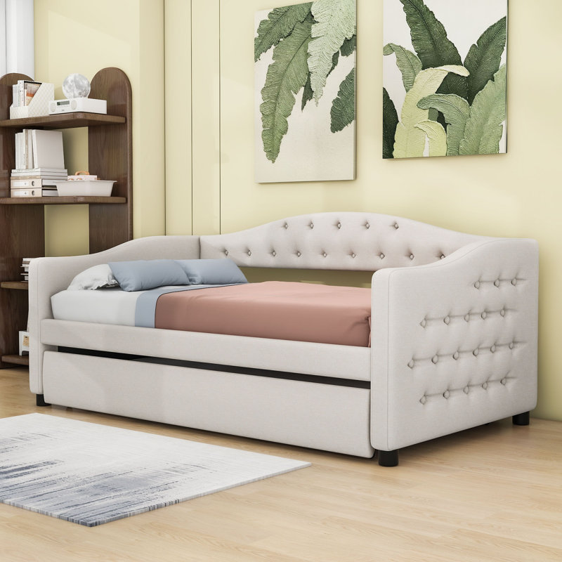 Lit de jour rembourré en lin avec couchette simple Peete, Beige