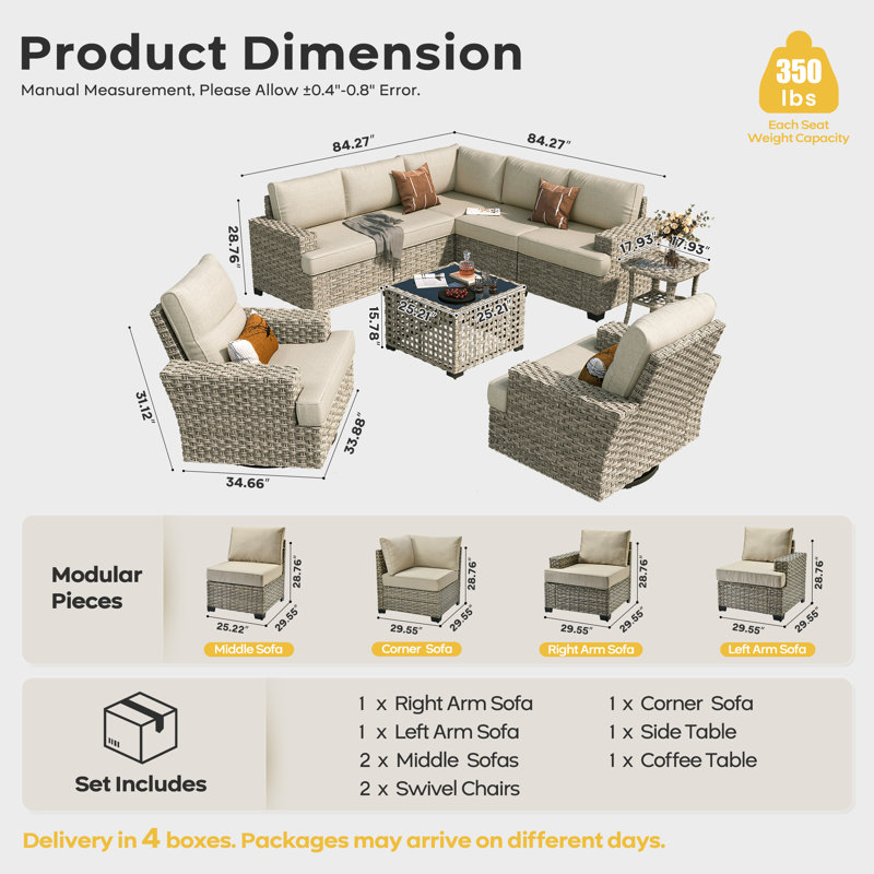 Ensemble de conversation modulaire d'extérieur en osier pour 7 personnes avec chaises pivotantes et coussins, ensemble de conversation pour patio avec table basse éclairée