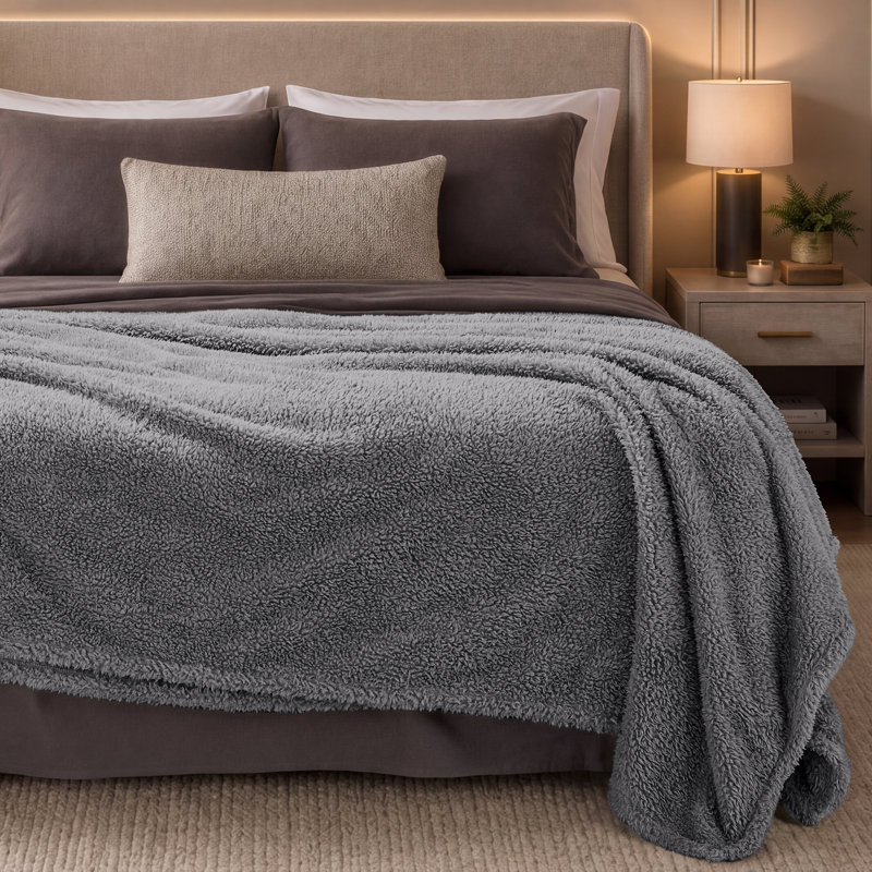 Couverture Cozy Faux Shearling, Gris uni, Simple/Simple TG