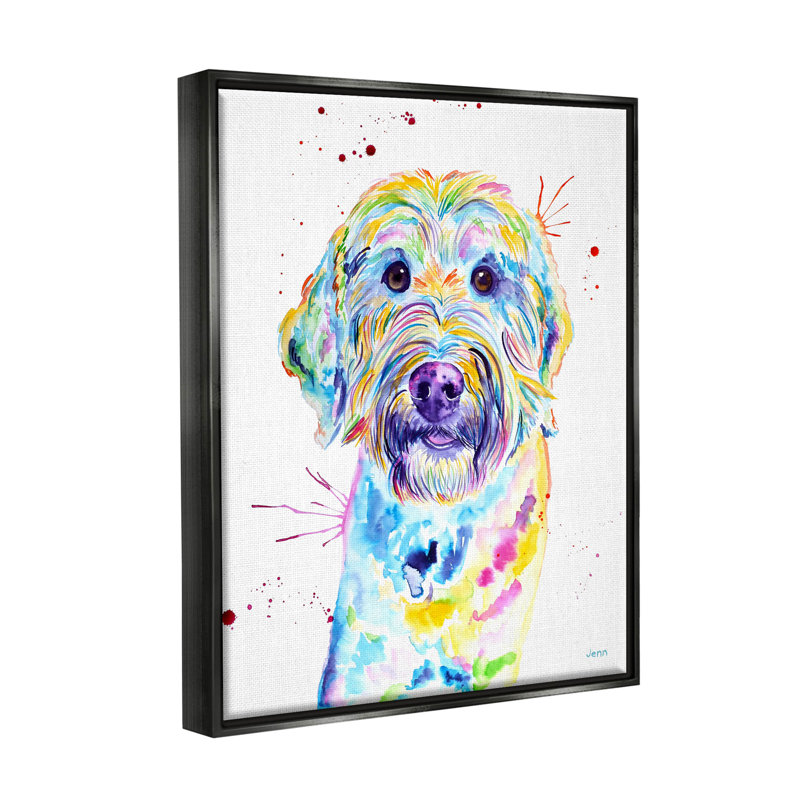 «Vivid Goldendoodle Dog Pet Floater», art mural par Jen Seeley, H 31 po x l 25 po x P 1,7 po, Cadre flottant noir de jais