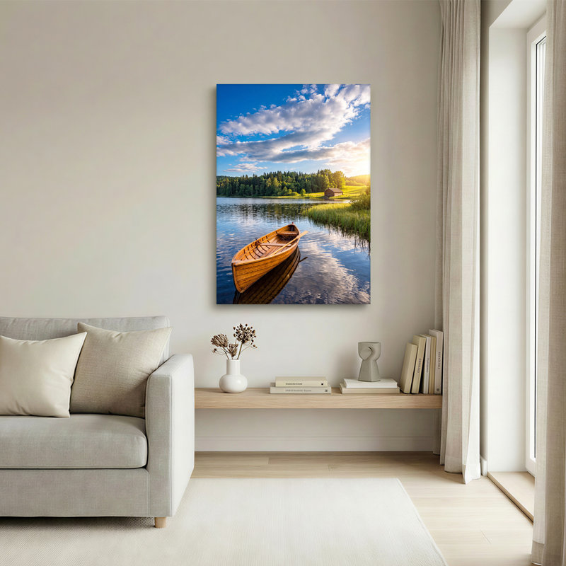 Toile en bois sur un lac avec forêt de pins et nuages, art mural sur toile, H 48 po x l 32 po