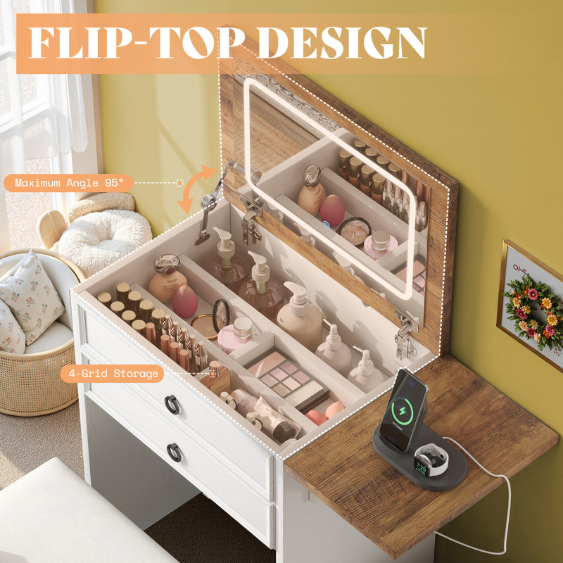  3-in-1 Small Farmhouse Makeup Vanity, Sliding Stool, Fold-up Panel, Divided Storage, White, White/Brown