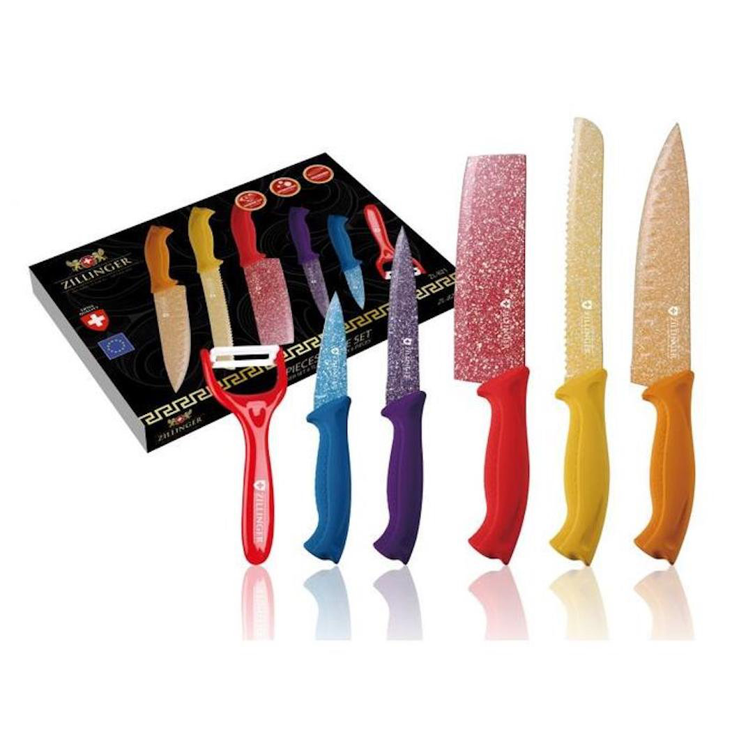 6 Piece Colorful Knife Set - 5 Kitchen Knives with 1 Peeler - Non