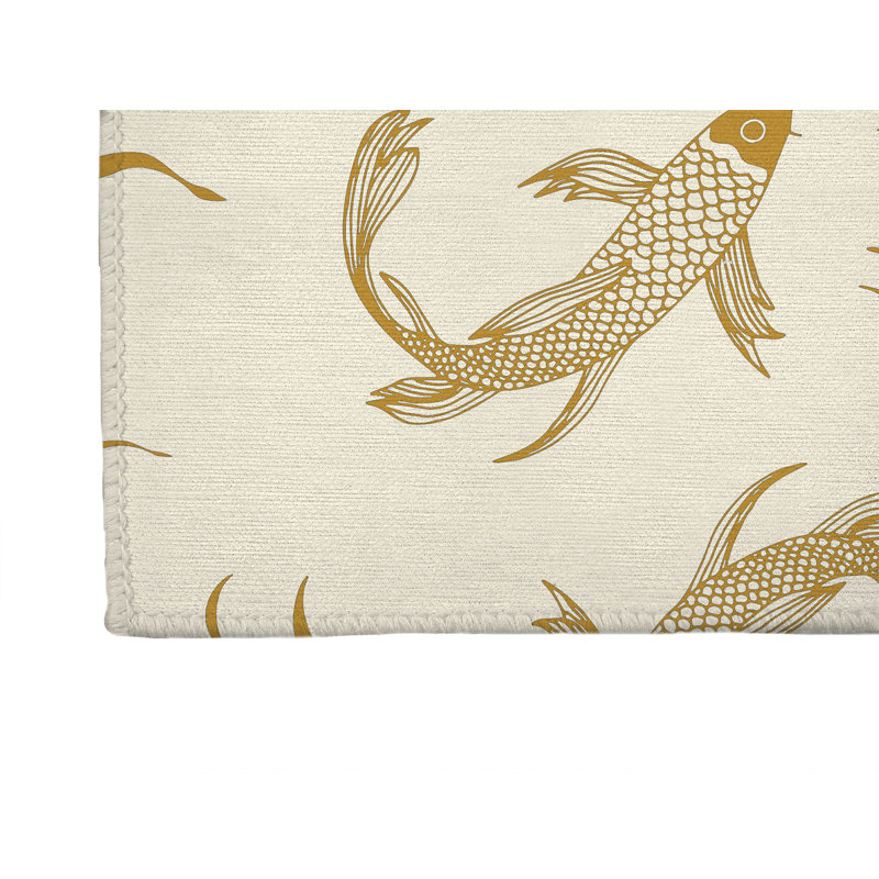 Tapis d'entrée intérieur ultra fin, léger et antidérapant à motif de carpes koï, Ocre doré, L 48 po x L 72 po