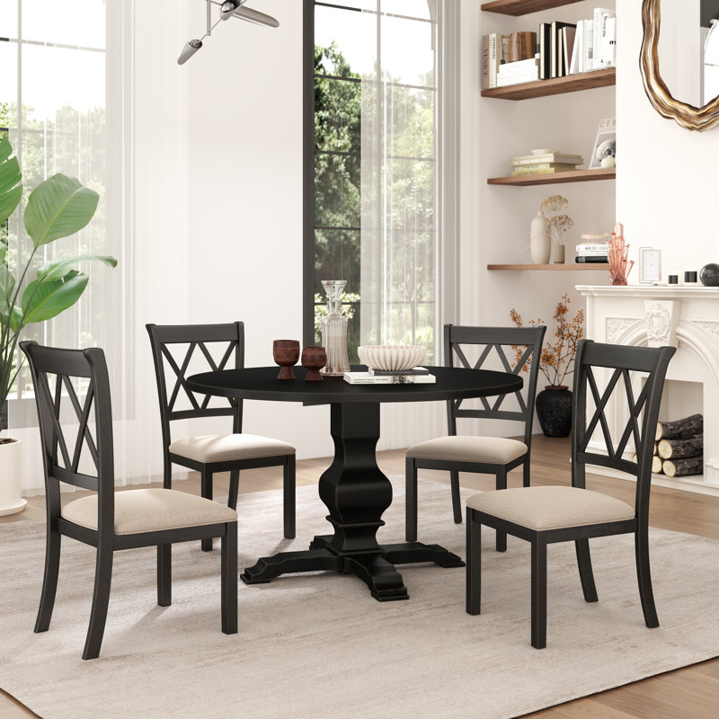  Cuthbert 5-Piece Dining Set, Pedestal Round Table With 4 Stylish Chairs, Black